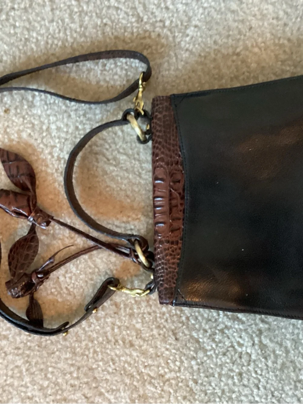 Brahmin Black Leather Satchel with Brown Croc-Embossed Flap